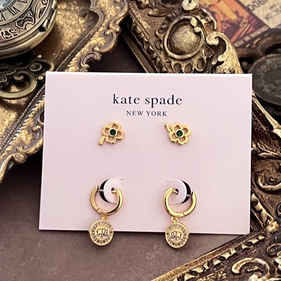 KATE SPADE • Wishes Luck Elephant Huggies Clover Earrings Set - Picture 3 of 3